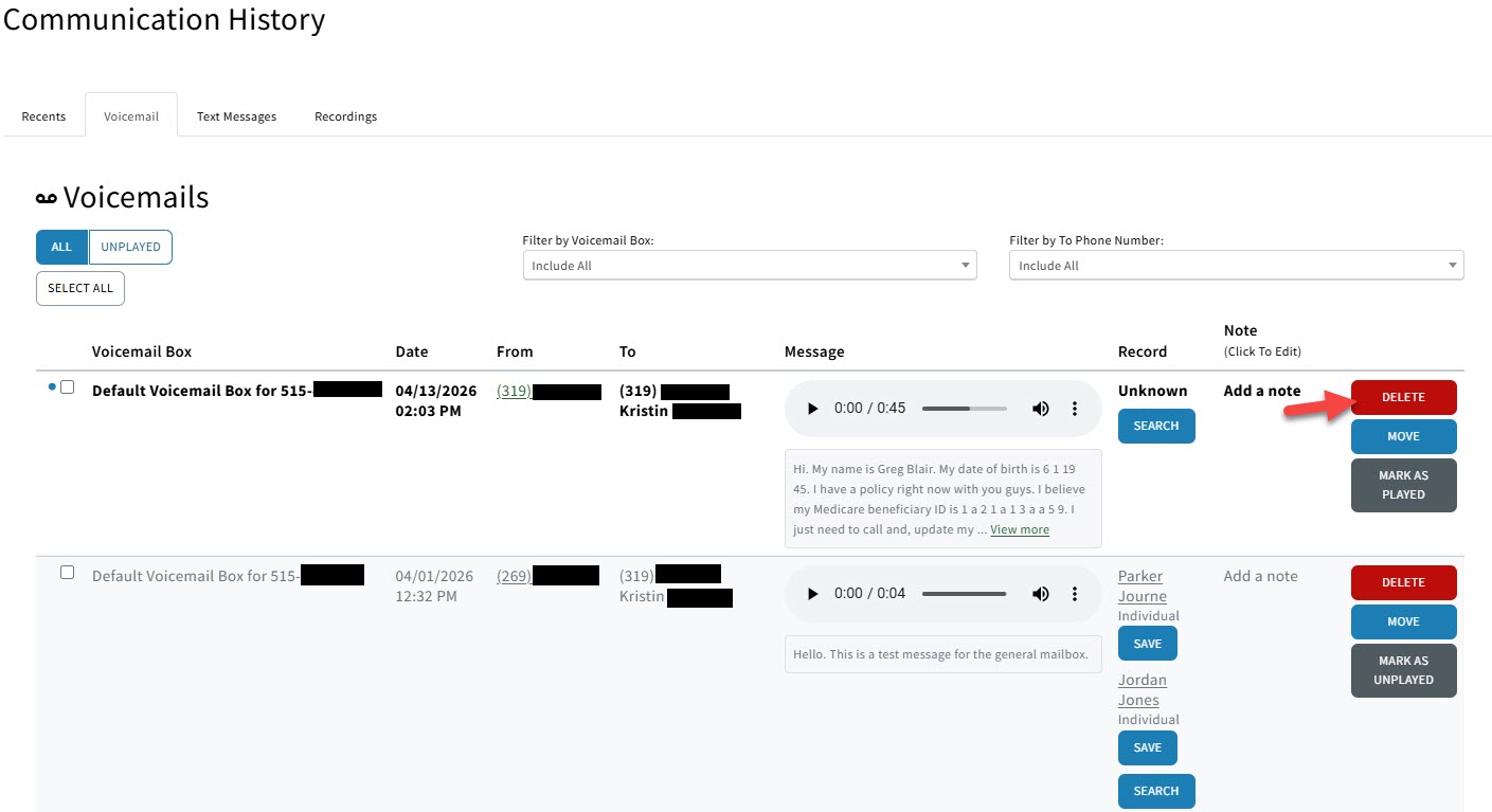 Screenshot showing how to delete a voicemail from the Voicemail tab in Communication History