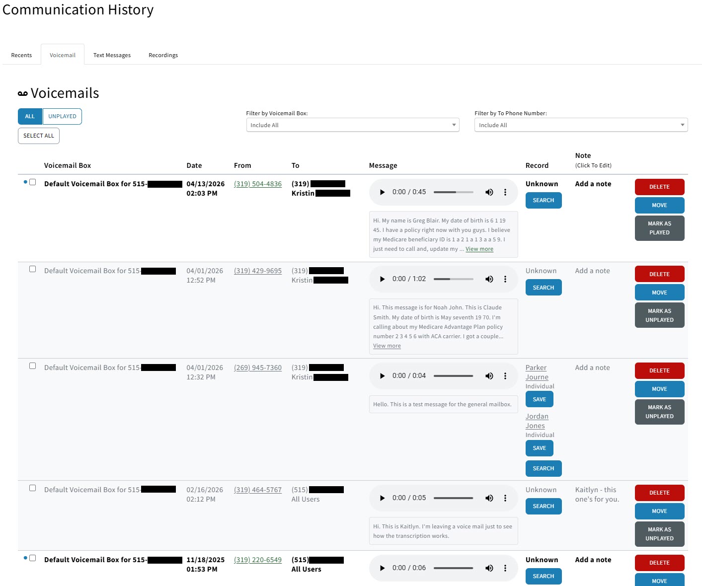 Screenshot showing the Voicemail tab on the Communication History page