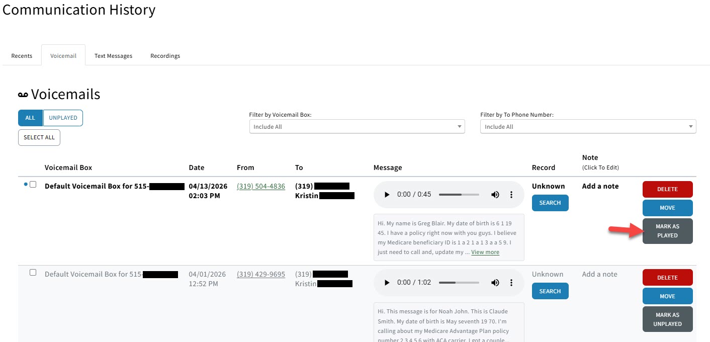 Screenshot showing how to mark a voicemail as played from the Voicemail tab in Communication History