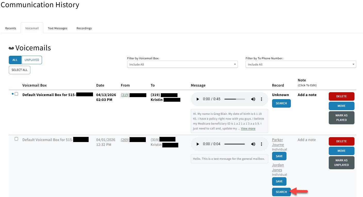 Screenshot showing how to search for a record to save an email to from the Voicemail tab in Communication History
