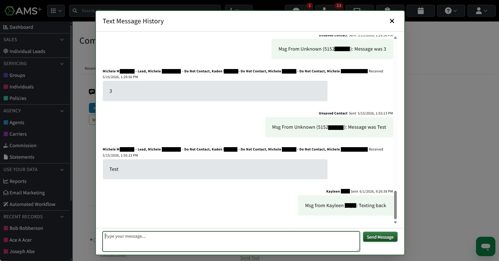 Screenshot showing the Text Message History on the Text Messages tab in Communication History