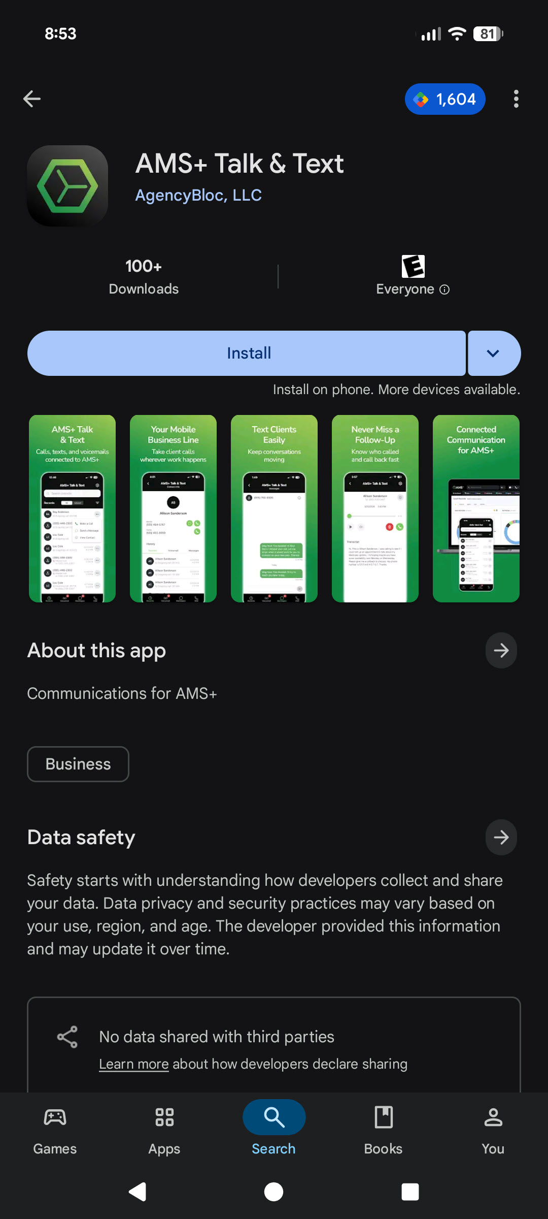 Screenshot showing the AMS+ Talk & Text mobile app in the Google Play Store