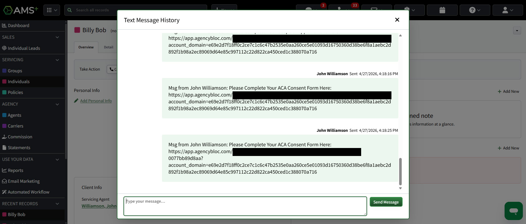 Screenshot showing the Text Message History when initiating a text message from the Overview tab of an Individual Record