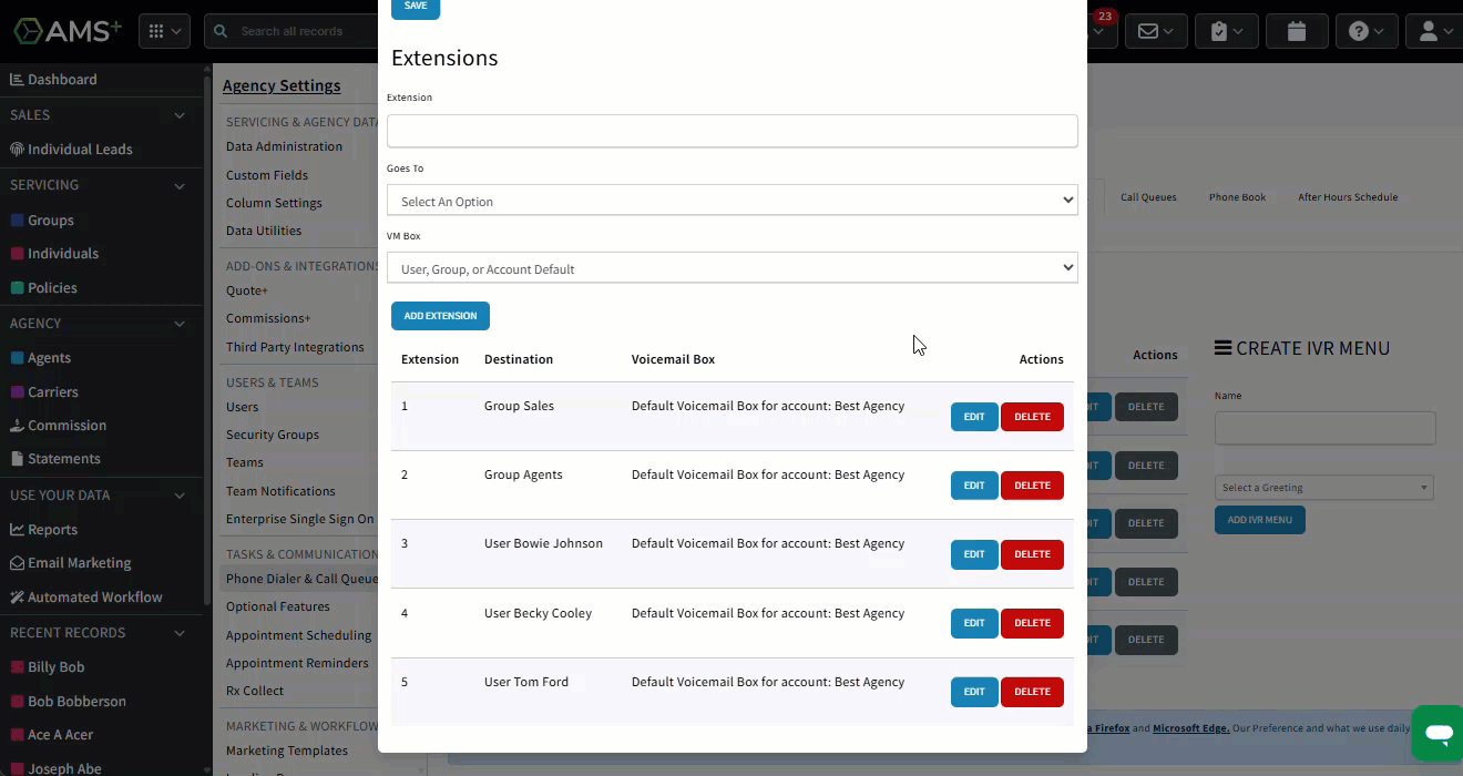 Animated image showing how to edit an extension in an IVR menu