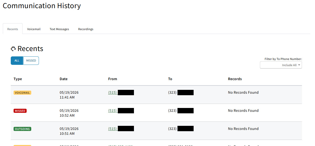Screenshot showing the Recents tab in Communication History