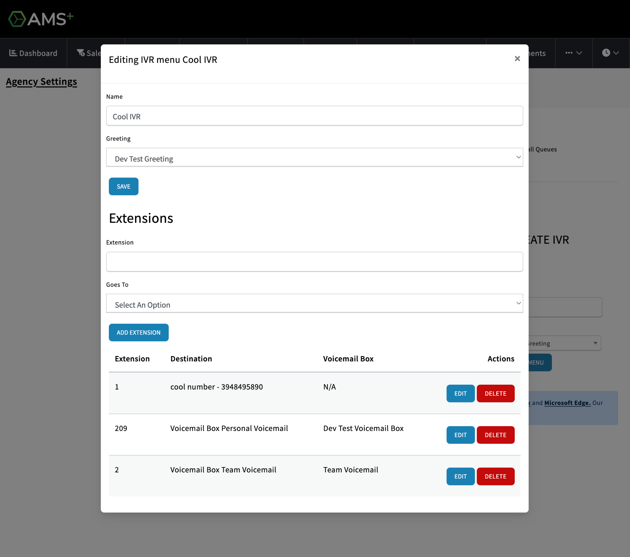 Screenshot showing how to edit an IVR extension