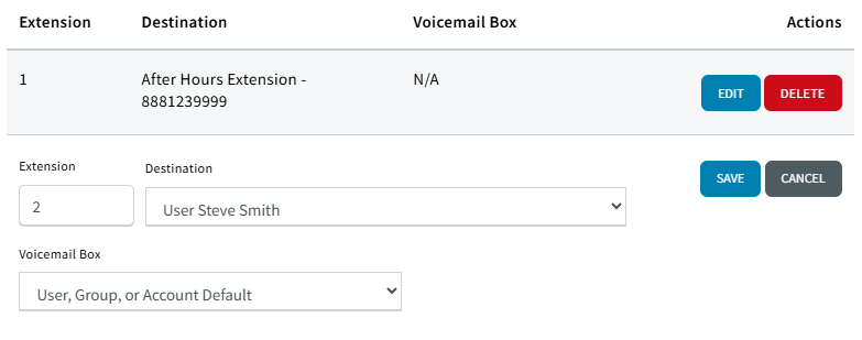 Screenshot showing which fields you can edit when editing an IVR extension