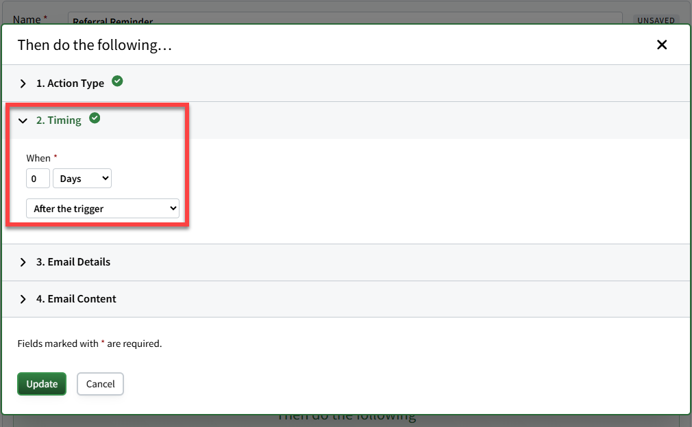 Screenshot showing the workflow action's timing