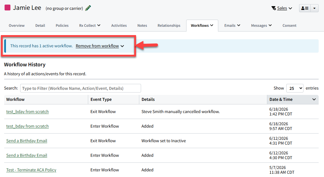 Screenshot highlighting the blue banner that appears on a record's Workflow History when there are active Enhanced Automated Workflows the record can be removed from