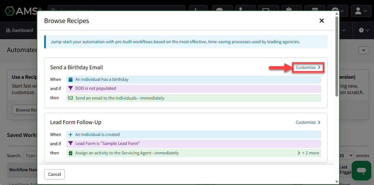 Screenshot showing how to select a workflow recipe to edit