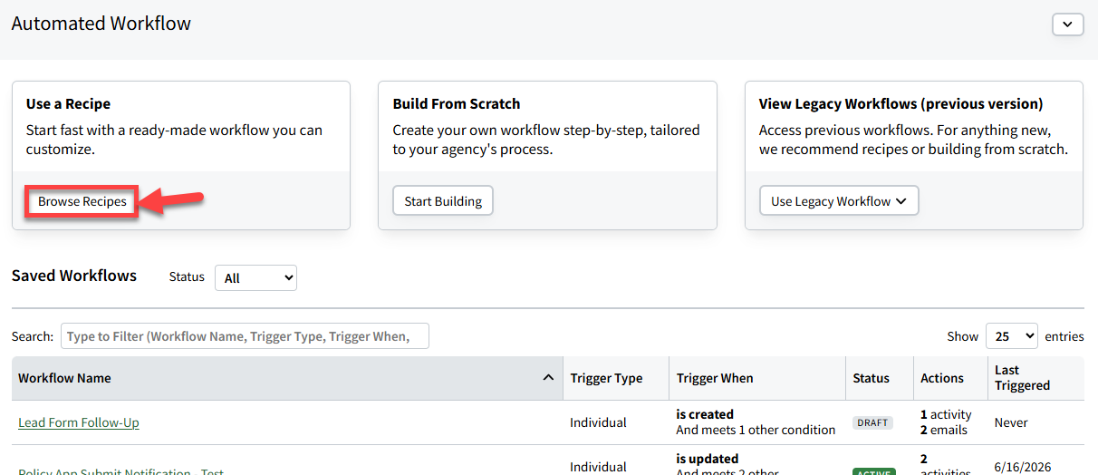 Screenshot showing how to navigate to workflow recipes
