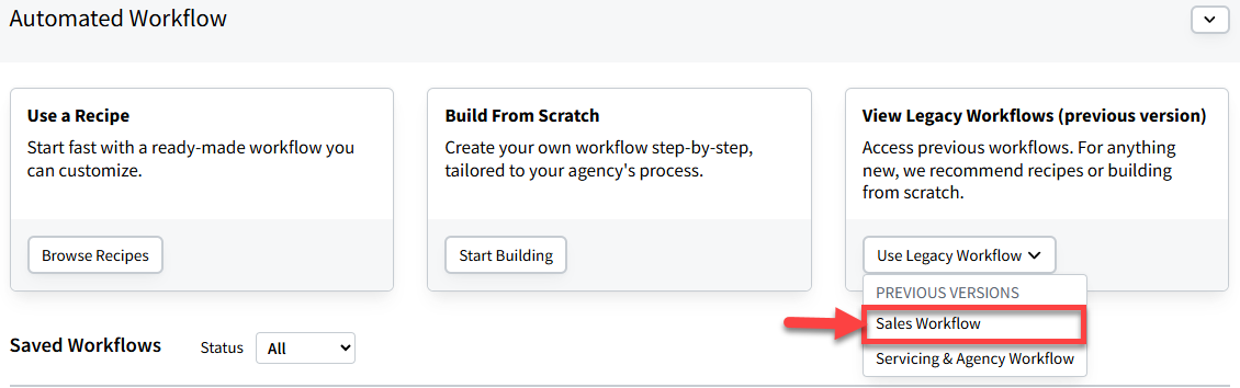 Screenshot showing how to navigate to Legacy Sales Workflows