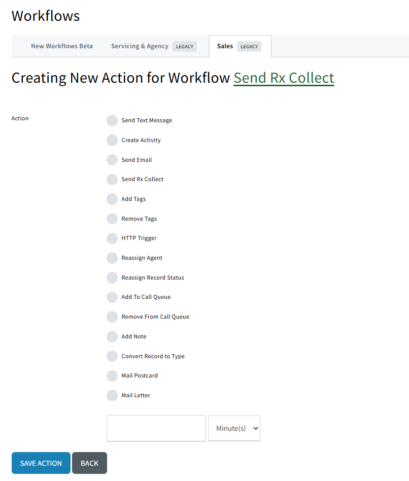 Screenshot showing premium workflow actions for Legacy Sales Automated Workflows