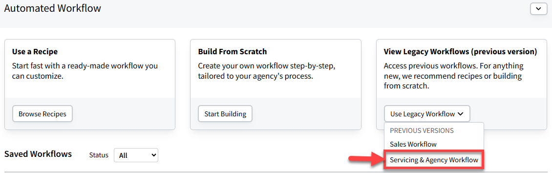 Screenshot showing how to navigate to Legacy Servicing Automated Workflows in an account with Enhanced Automated Workflows