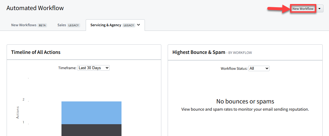 Screenshot showing how to start the process for creating a new Legacy Servicing Automated Workflow
