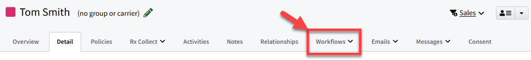 Screenshot highlighting the Workflows tab on an Individual Record