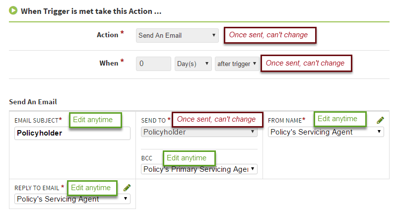 Screenshot showing what action details you can edit and when