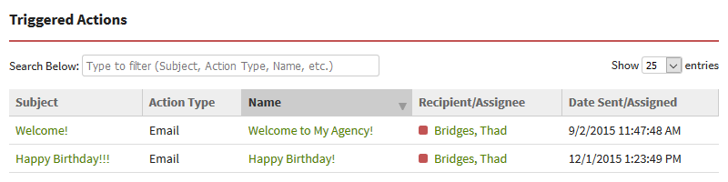 Screenshot showing triggered actions on a record