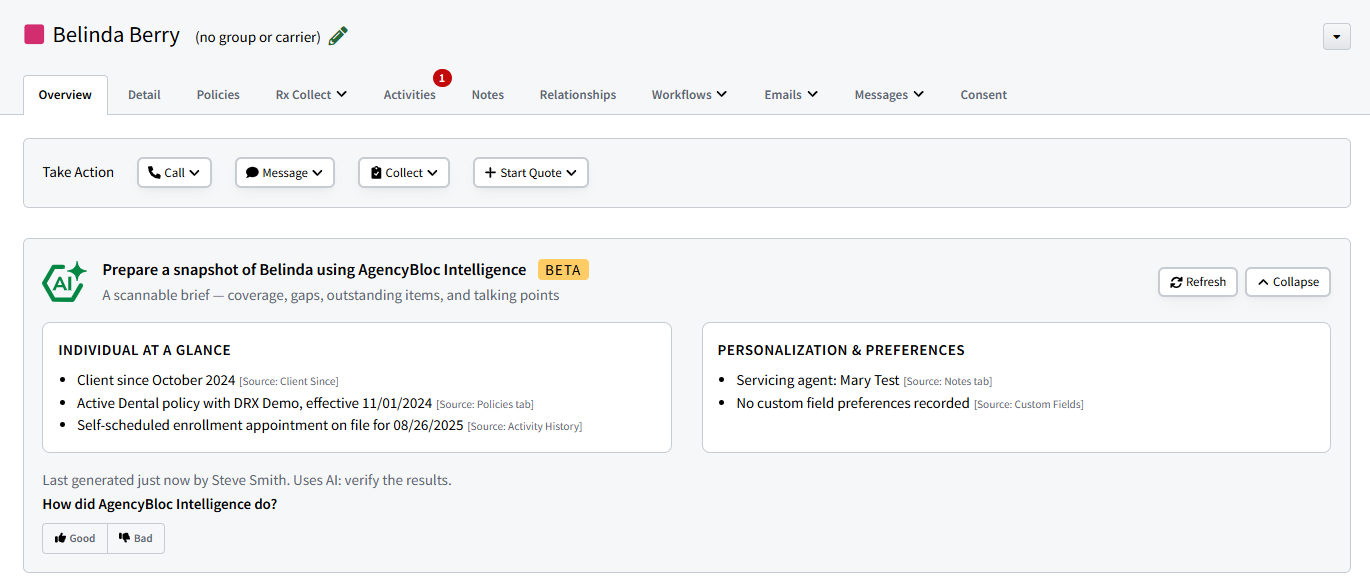 Screenshot showing a generated Client Snapshot summary on an Individual Record