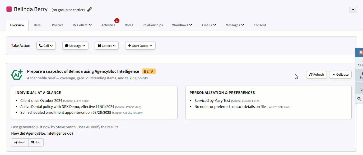 Animated image showing how to refresh an Client Snapshot on an Individual Record