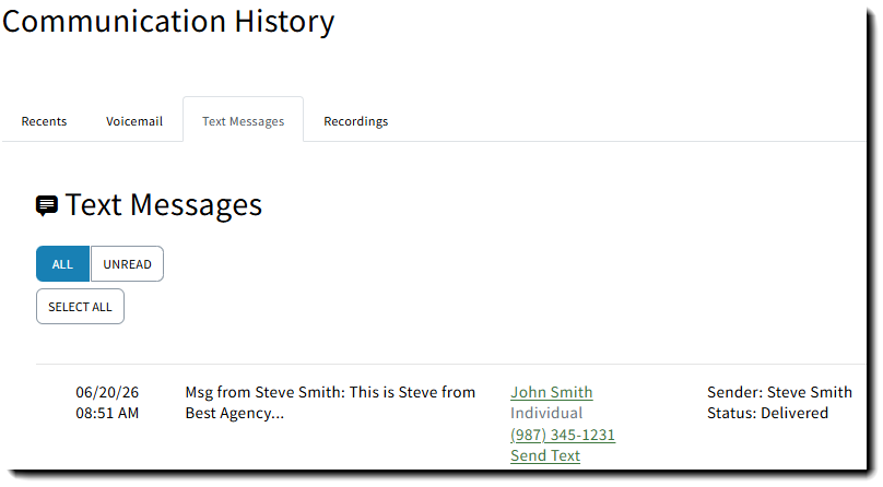 Screenshot showing the Text Messages tab in the Communication History