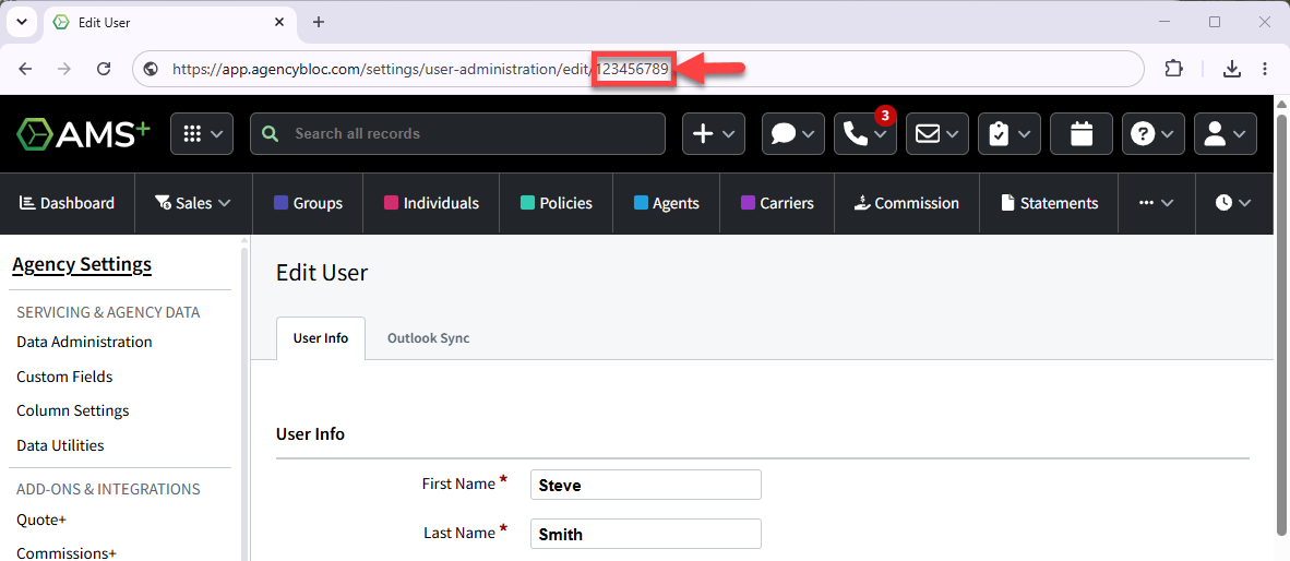 Screenshot highlighting the user id in the browser's search bar