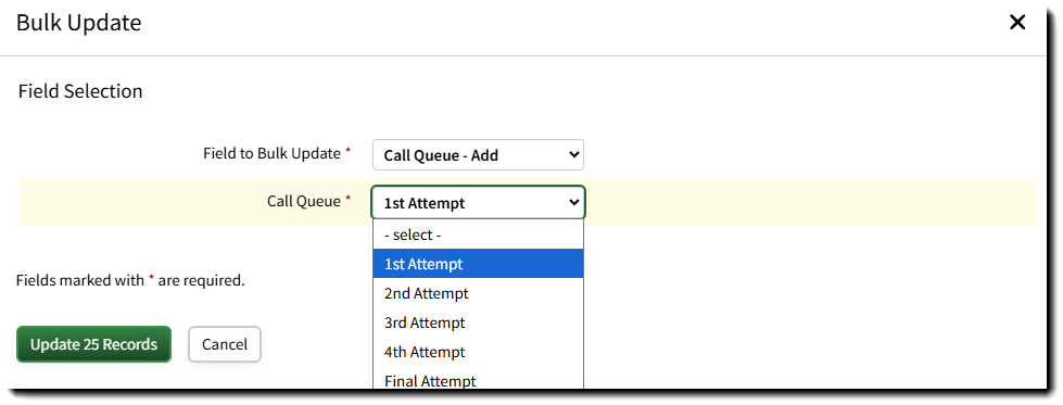 Screenshot showing how to specify the call queue to add to the records