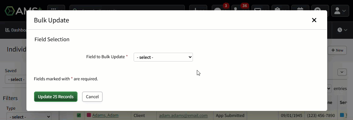 Animated image showing how to choose the Call Queue - Add option from the Bulk Update dropdown