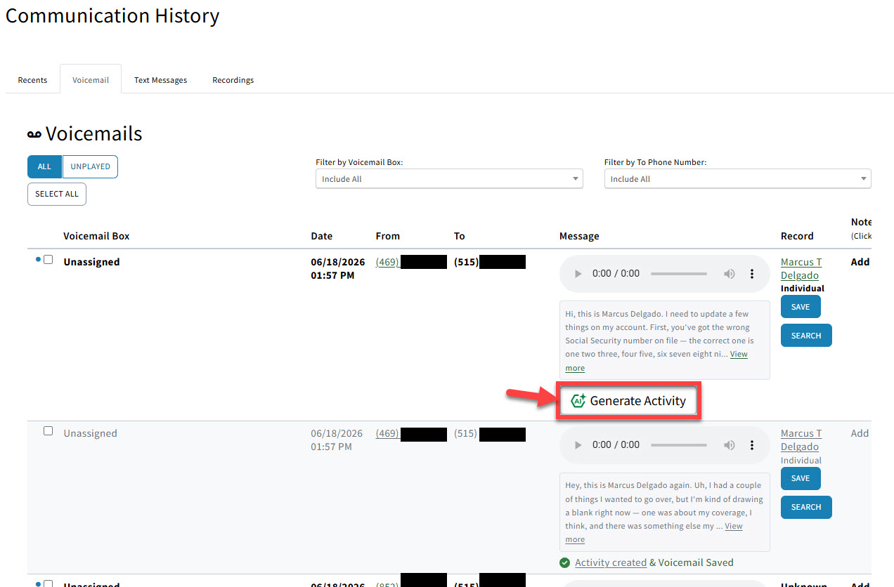 Screenshot highlighting the Generate Activity button next to a voicemail in Communication History