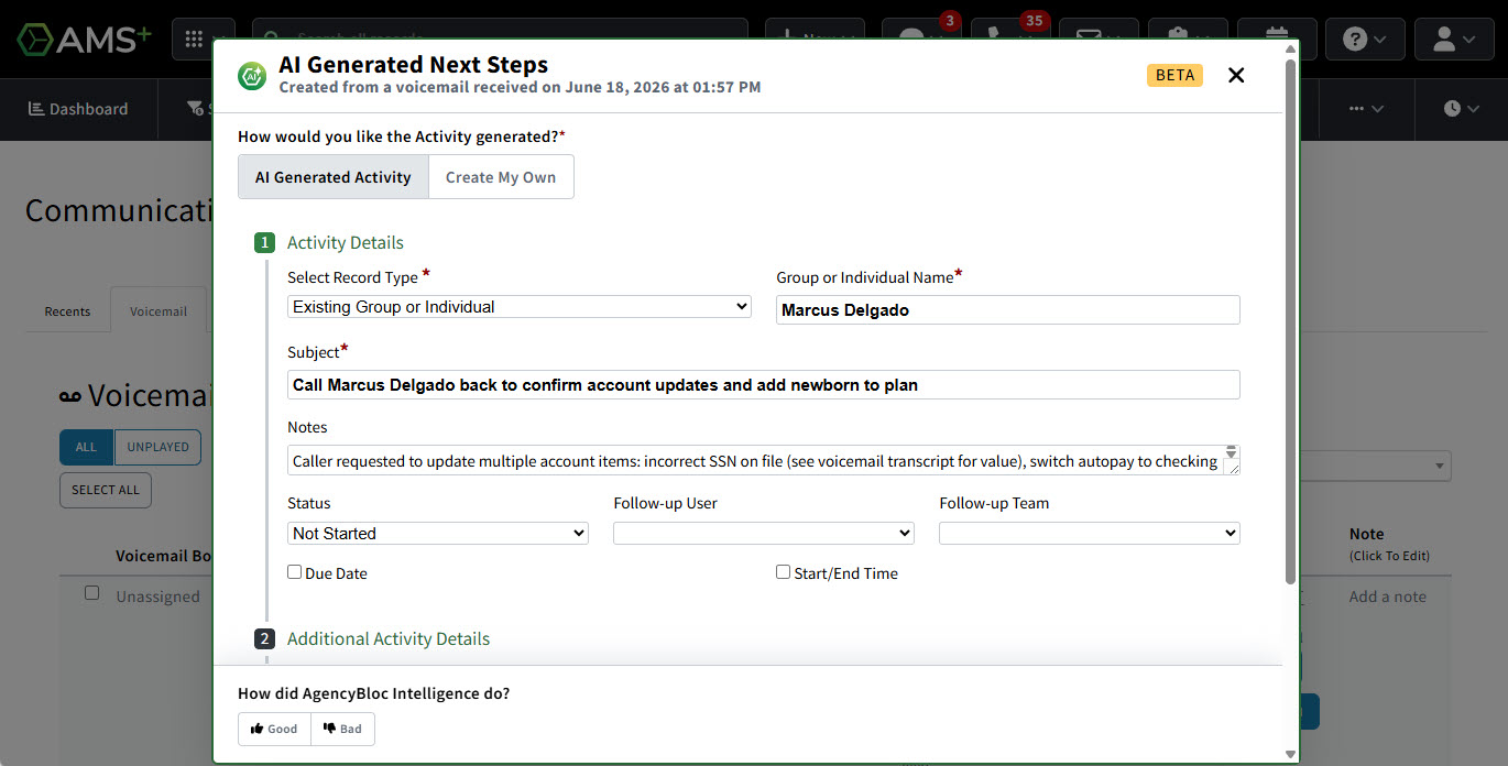 Screenshot showing the AI Generated Next Steps pop-up screen