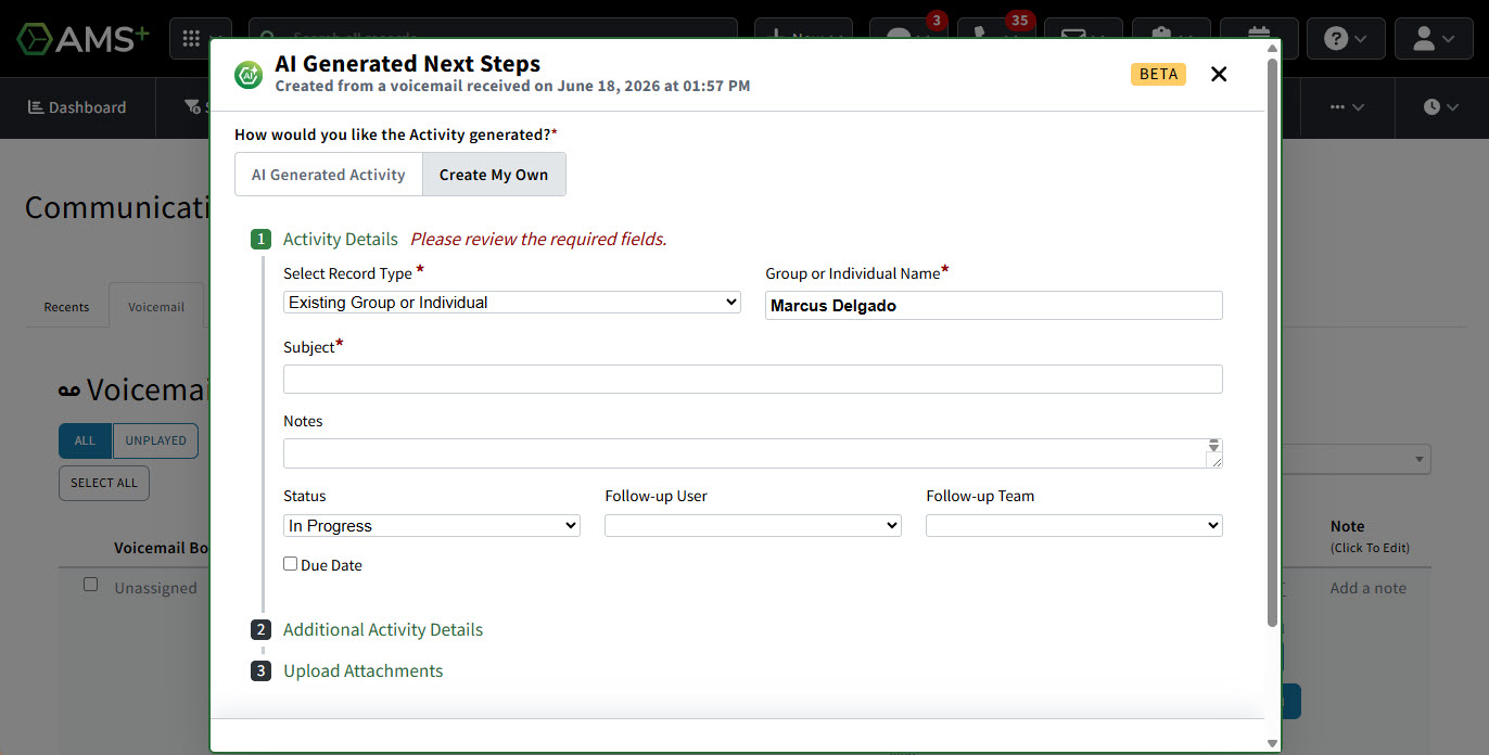 Screenshot showing how to create your own Activity from a voicemail in Communication History