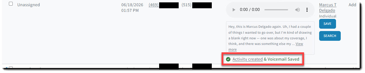Screenshot showing a voicemail that had an Activity created and saved from it