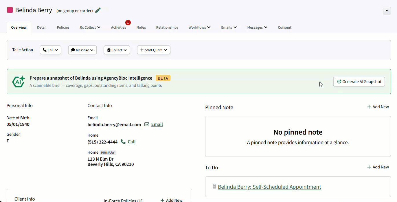 Animated image showing how to generate an Client Snapshot on an Individual Record
