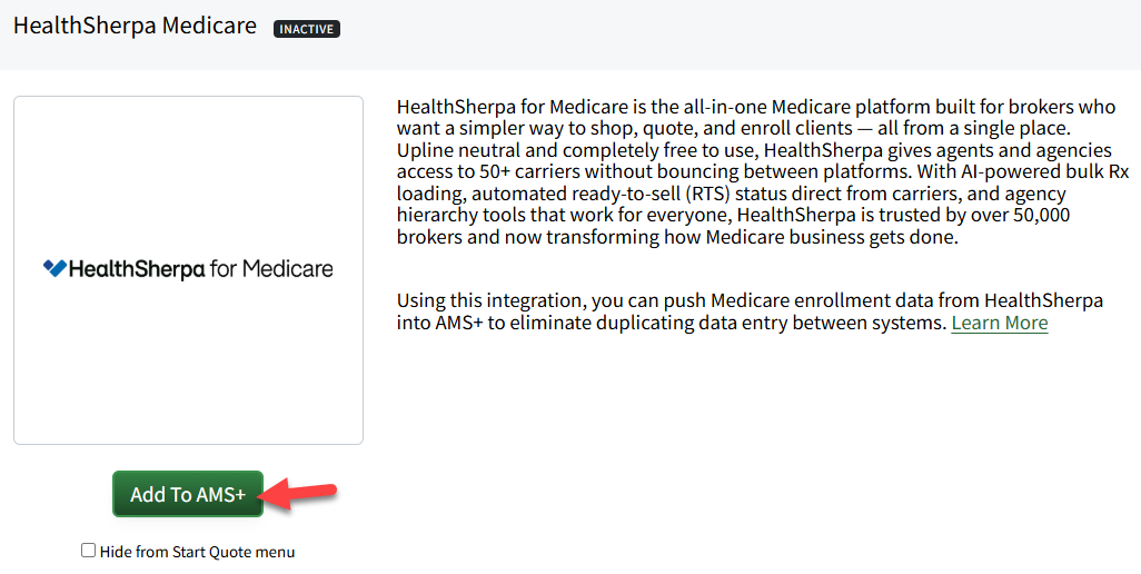 Screenshot showing how to add the HealthSherpa Medicare integration