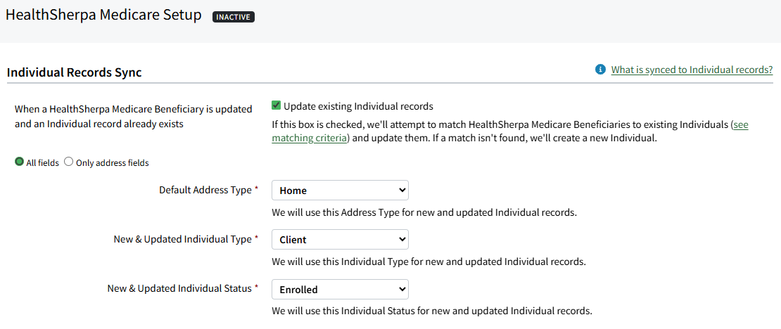 Screenshot showing the Individual Records Sync settings for HealthSherpa Medicare