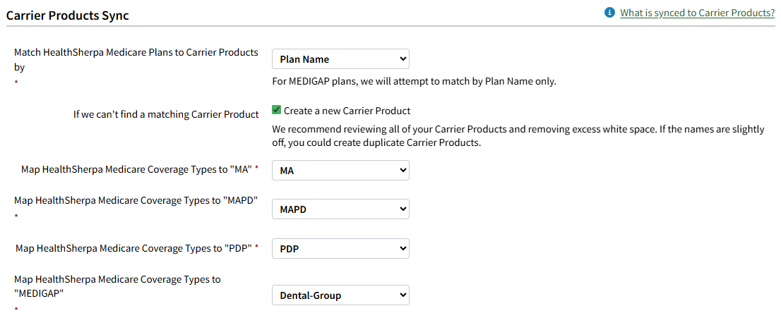 Screenshot showing the Carrier Products Sync settings for HealthSherpa Medicare