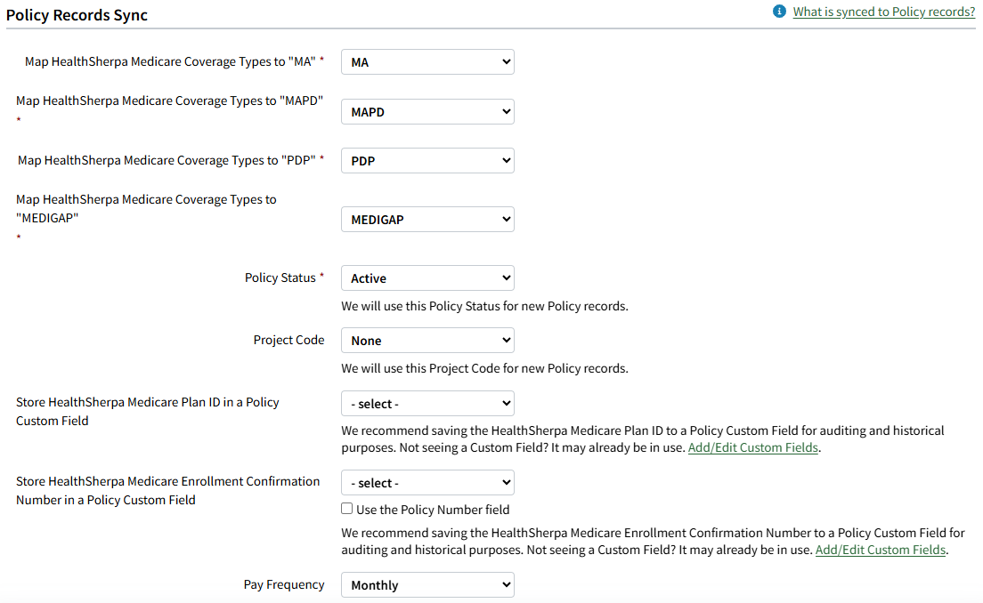Screenshot showing the Policy Records Sync settings for HealthSherpa Medicare