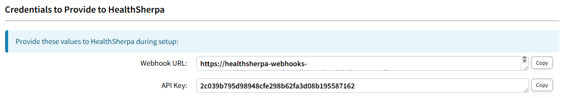 Screenshot showing the webhook URL and API Key after HealthSherpa Medicare integration is activated