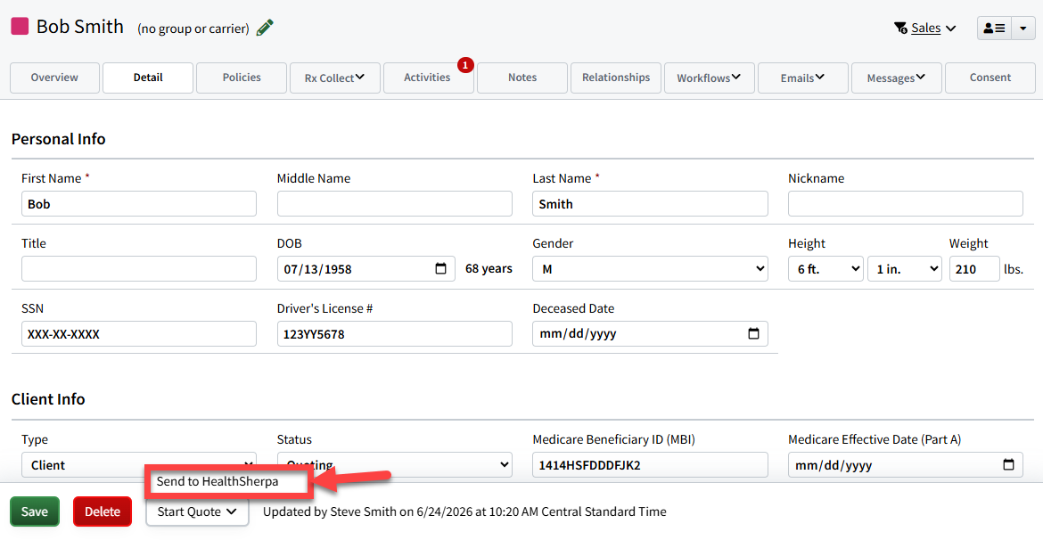 Screenshot showing how to send an Individual Record to HealthSherpa Medicare