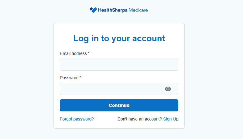 Screenshot showing the HealthSherpa Medicare login page