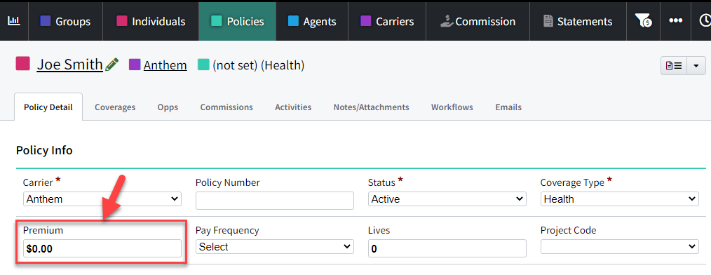 Screenshot showing the Premium field on the Policy Detail tab
