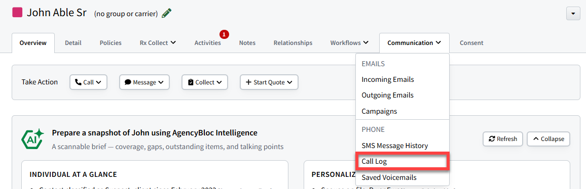 Screenshot showing how to navigate to the Call Log tab on an Individual Record