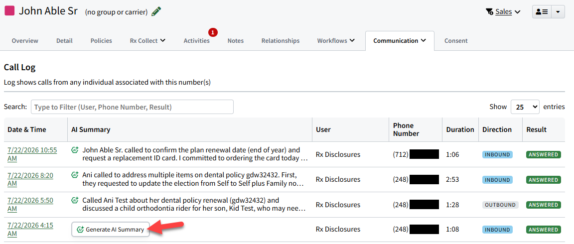 Screenshot highlighting the Generate AI Summary button on the Call Log tab
