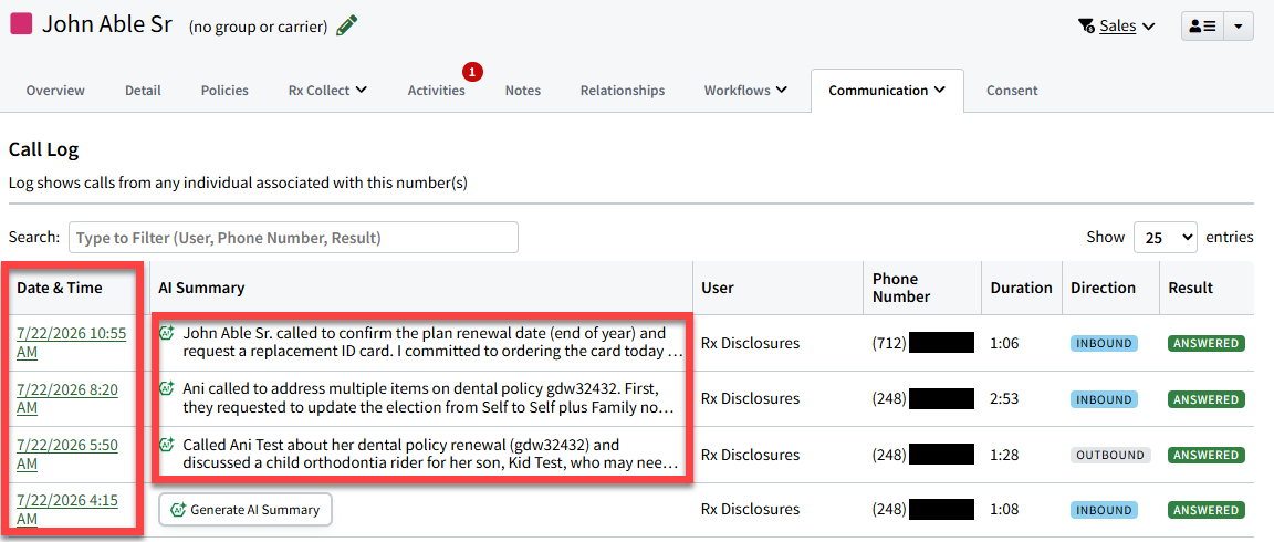 Screenshot highlighting the Date and Time column and AI Summary column on the Call Log tab to indicate other ways to access a call's call details