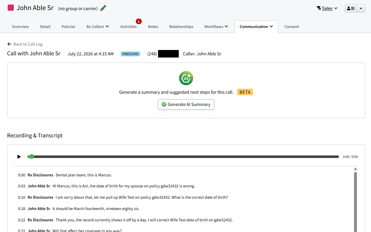 Screenshot showing the call details for a call from the Call Log tab of an Individual Record