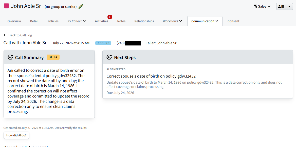 Screenshot showing a generated call summary for a call on the Call Log tab of an Individual Record