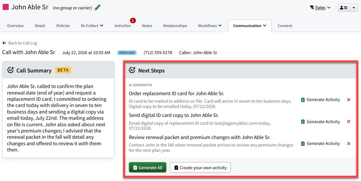 Screenshot highlighting the Next Steps section in the call details of a call on the Call Log tab of an Individual Record