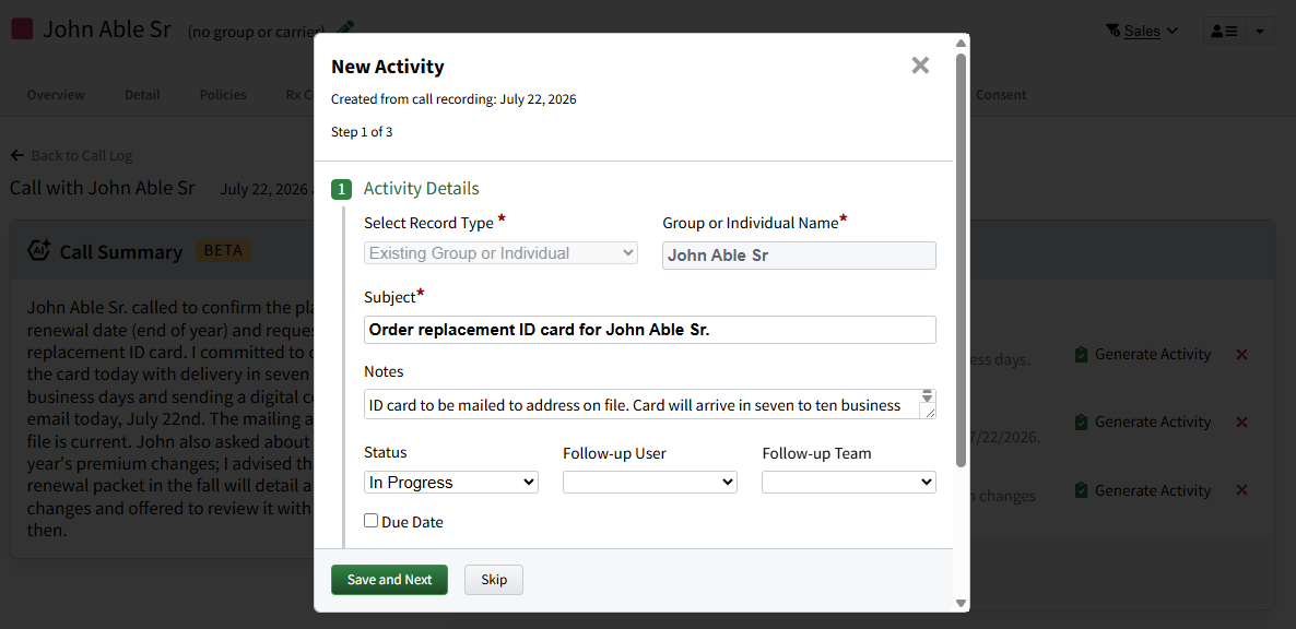 Screenshot showing how to genereate all Activities for a generated call summary on the call detail page of an Individual Record