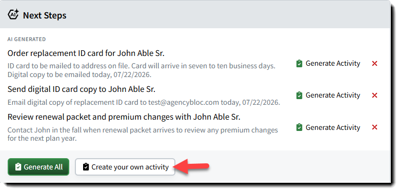 Screenshot highlighting the Create your own activity button in a call's call details