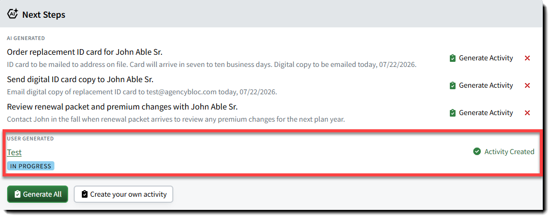 Screenshot highlighting the User Generated section of Activities in the Next Steps section of call details on an Individual Record's Call Log